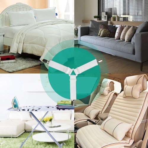 Bed Sheet Fasteners, Adjustable Mattress Suspenders, Mattress Cover Straps, Bed Corner Holder and Keepers and the Bed Sheet Grippers Clips (Triangle White Set of 4) RayTour