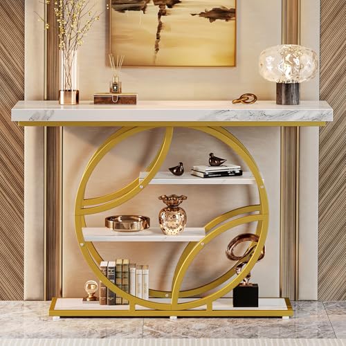Huuger 47.2 Inch Entryway Table with Marble Top, Modern Console Sofa Table, Accent Table with Shelves, for Entry, Hallway, Entrance, Foyer, O-Shaped Metal Frame, White Marble & Gold Huuger