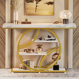 Huuger 47.2 Inch Entryway Table with Marble Top, Modern Console Sofa Table, Accent Table with Shelves, for Entry, Hallway, Entrance, Foyer, O-Shaped Metal Frame, White Marble & Gold Huuger