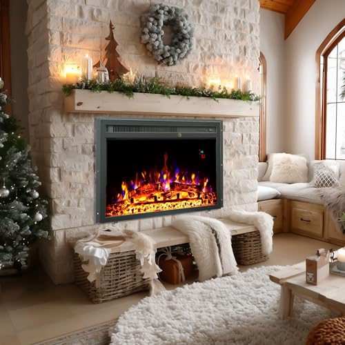 23" Electric Fireplaces Inserts, Recessed Fireplace Heater with Thermostat, 5 Flame&Fuel Bed Brightness,Timer VINEMOUNT