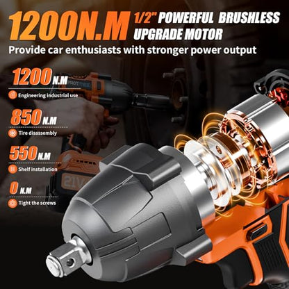 Protmex Cordless Impact Wrench, 900Ft-lbs (1200N.m) 1/2" Brushless Impact Gun, 21V High Torque Power Impact Driver, 2x4.0Ah Batteries Electric Impact Motor Variable Speeds for Car/Truck RV/Mo - WoodArtSupply