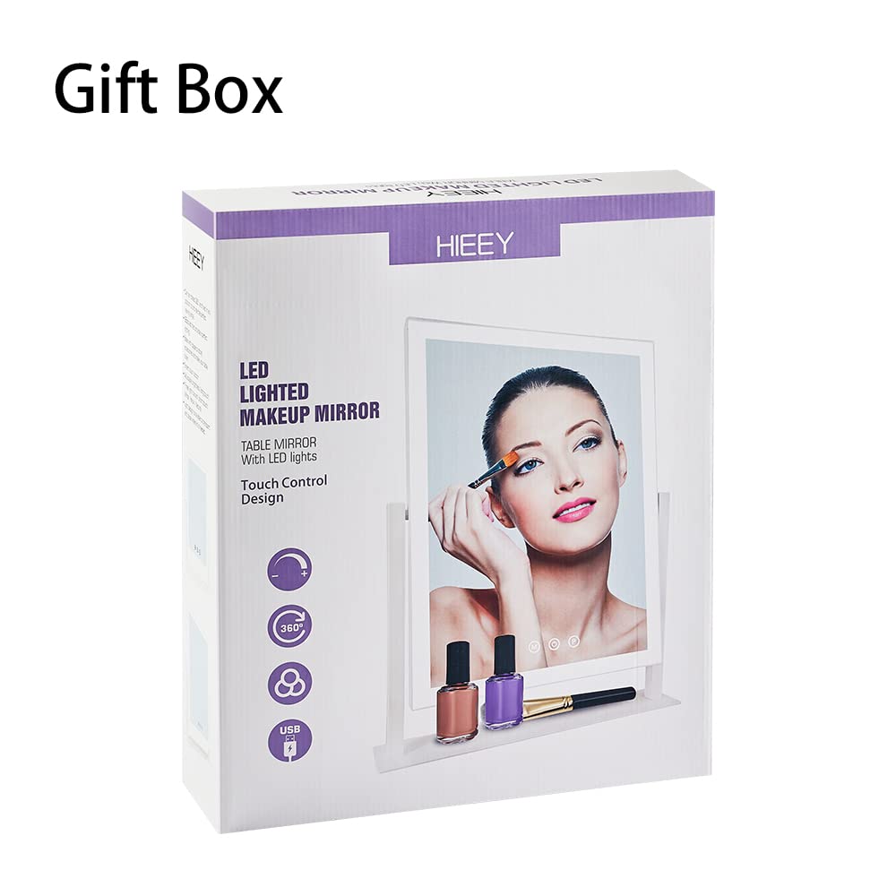 HIEEY Lighted Makeup Mirror, Hollywood Vanity Mirror with Lights, Three Color Lighting Modes, and 5X Magnification Mirror, Smart Touch Control, 360°Rotation (17.3in,White,Gift Box) HIEEY