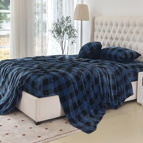 Elegant Comfort Luxuriously Soft 4-Piece Velvet Plush Flannel Sheet Set - Premium Quality - Cozy Warm, Anti-Static, Non Pilling Fuzzy Velvet Flannel Fleece Deep Pocket Sheet Set - Queen, Buffalo Blue Elegant Comfort