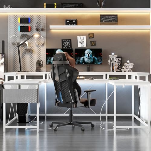 U Shaped Computer Gaming Desk, 79’’ Reversible l Shaped Computer Desk with Power Outlet & LED Strip, Office Desk with Monitor Stand, Large Corner Desk with Storage Bag for Bedroom, Office, White TrailBlaze