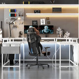 U Shaped Computer Gaming Desk, 79’’ Reversible l Shaped Computer Desk with Power Outlet & LED Strip, Office Desk with Monitor Stand, Large Corner Desk with Storage Bag for Bedroom, Office, White TrailBlaze
