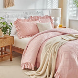 Tufted Ruffle Comforter Set Twin Size, 3 Pieces Blush Pink Ruffled Farmhouse Comforters, Luxury Solid Soft and Embroidery Shabby Chic Boho Bohemian Bedding Set for Girls (1 Comforter + 2 Pillowcases) Flysheep