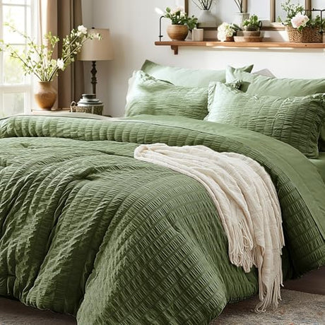 Zzlpp Twin Comforter Set 5 Pieces, Olive Green Seersucker Bed in a Bag with Comforter and Sheets, All Season Bedding Sets with 1 Comforter, 1 Pillow Sham, 1 Pillowcase, 1 Flat Sheet, 1 Fitted Sheet Zzlpp