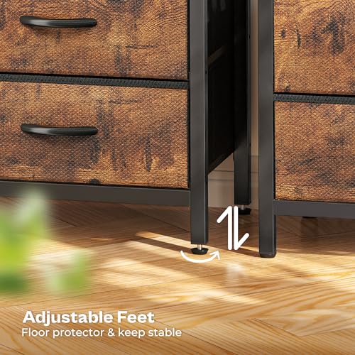 Huuger Night Stand with Charging Station, 4 Drawer Dresser for Bedroom, Bedside Table, 33.9 Inch Tall Nightstand with Open Shelf, End Table, for Closet, Entryway, Bedroom, Rustic Brown Huuger