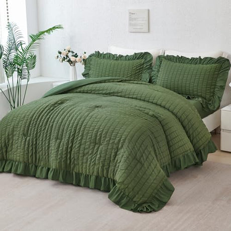 ZSYAYAHA Olive Green Bedding Set King Ruffle Comforter Set with Sheets 5 Pieces Seersucker Bed in A Bag for Women Men Soft Microfiber Bedding Sets with Ruffled Layers(Olive Green, King) ZSYAYAHA