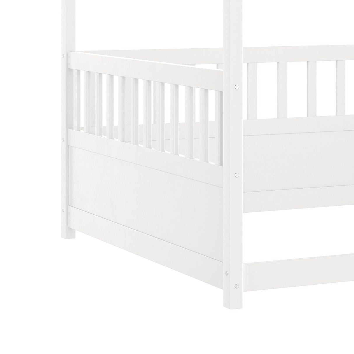 Full Size Canopy Bed Frame with 4 Posters and Guardrails, Full Size Montessori Floor Bed with High Fence, White Montessori Bed Bellemave