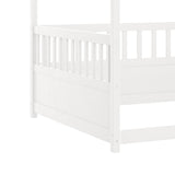 Full Size Canopy Bed Frame with 4 Posters and Guardrails, Full Size Montessori Floor Bed with High Fence, White Montessori Bed Bellemave