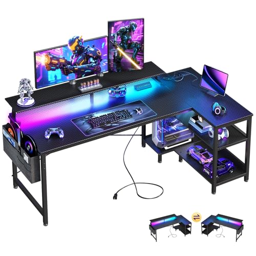 ODK 58 Inch Gaming Desk with USB Charging Ports and LED Lights, Reversible L Shaped Computer Desk with Storage Shelves & Monitor Stand, Corner Gamer Desk Table with Power Outlets, Black ODK