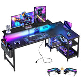 ODK 58 Inch Gaming Desk with USB Charging Ports and LED Lights, Reversible L Shaped Computer Desk with Storage Shelves & Monitor Stand, Corner Gamer Desk Table with Power Outlets, Black ODK