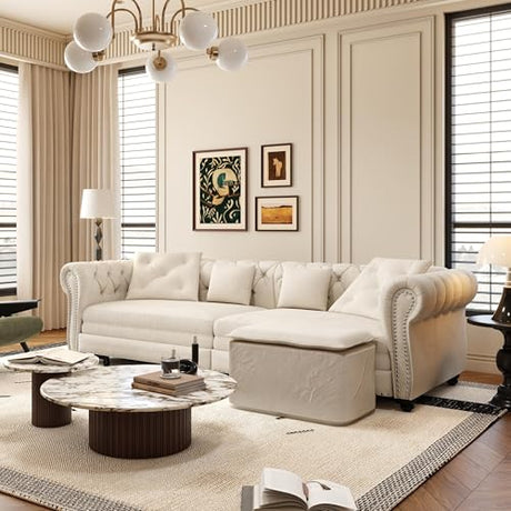 LuxyHoom 89" King Pull Out Sofa Bed, Velvet Chesterfield Sleeper Sofa Couch, 3 in 1 Convertible Tufted Futon Couches with Ottoman for Living Room, Small Space, Apartment, Bedroom, Office, Beige LuxyHoom