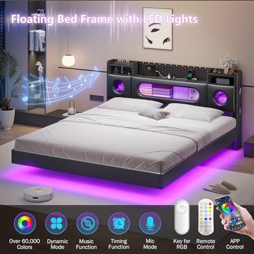 Dnxao California King Bed Frames with Hidden Storage Headboard, Modern Floating Bed Frame with LED Lights & Charging Station (USB-C), Recessed Non-Slip Platform Bed No Box Spring Needed, PU Black Dnxao