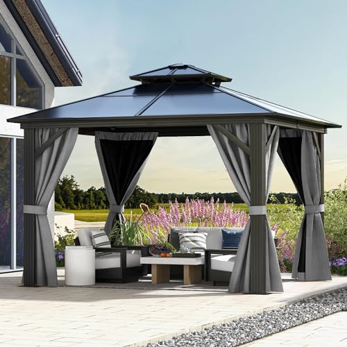 DWVO 10x10ft Gazebo Hardtop Double Roof Polycarbonate Canopy Outdoor with Netting and Shaded Curtains, Aluminum Frame Garden Tent for Patio, Backyard, Deck and Lawns, Gray - WoodArtSupply