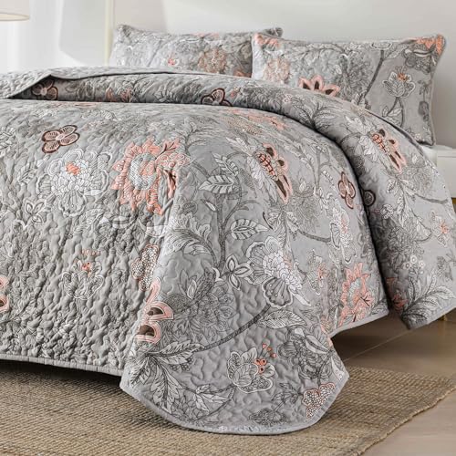 WONGS BEDDING Floral Quilt Set King Size, Grey Botanical King Bedspread Bedding Sets Soft Lightweight Microfiber Flower Gray Coverlet Set 3 Pieces for All Season (104"x90") WONGS BEDDING