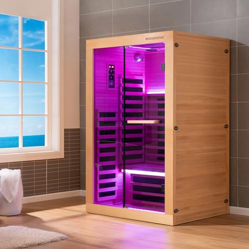 WOODBRIDGE Infrared Home Sauna Room 2 Person Hemlock Wooden Indoor Sauna,7 Carbon 1980W/120V Heaters,with Led Color Therapy Light,Bluetooth Speaker,Tempered Glass,Touch-Tone Keypad and A Top Vent