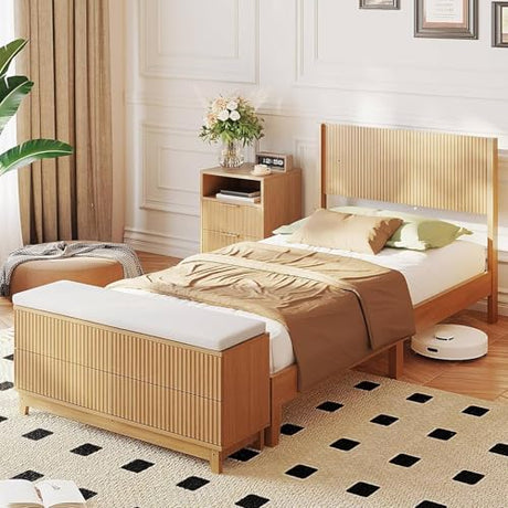 VINGLI Fluted Twin Bed Frame with Wingback Headboard and Footboard Storage Bench,Boho Wooden Single Platform Panel Bed with 4 Drawers,Mid-Century Modern Sleign Bed,Oak VINGLI