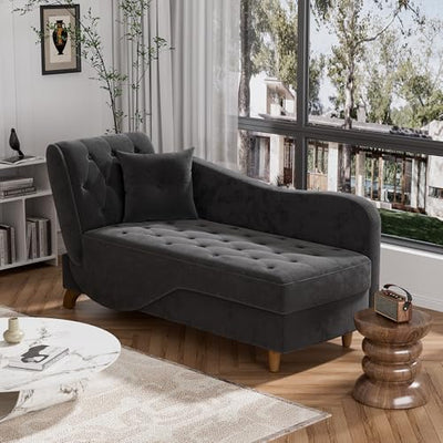 DAMAIFROM Chaise Lounge Chair Indoor with Storage, Adjustable Armrest Recling Reading Chair Sleeper Sofa Bed with Pillow, 3 in 1 Velvet Futon Lounge Chair for Living Room Playroom, Black