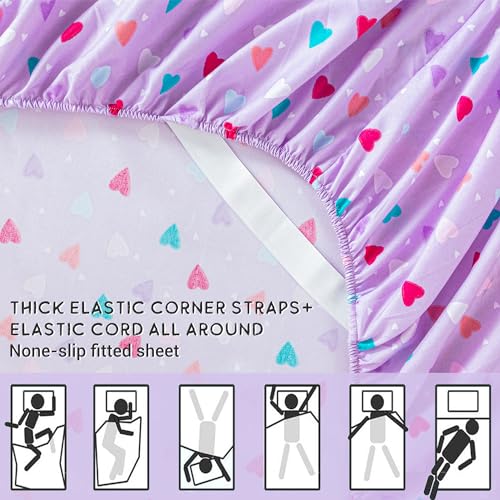 Viviland 3 Pieces Girls Purple Twin Sheet Set - Soft Microfiber Fitted Flat Sheets & Pillowcase - Colorful Hearts Printed Bedding Sets - for Kids & Toddlers Viviland
