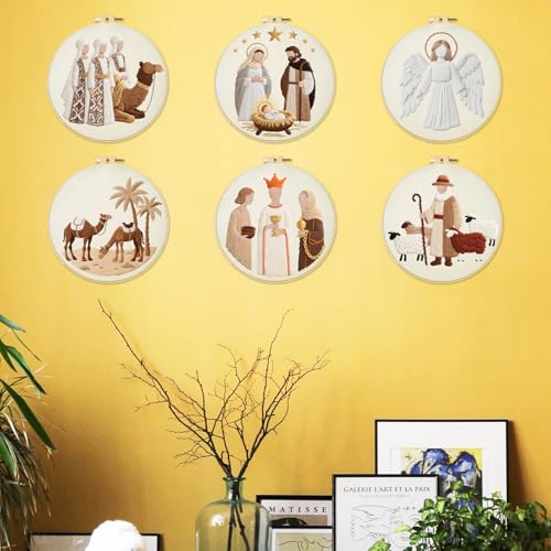 INFUNLY 6 PCS Nativity Scene Embroidery Kits for Beginners DIY Cross Stitch Starter Sets with Instructions Angel Camel Pattern Christmas Needlepoint Kits with Embroidery Cloth Colored Threads Hoops