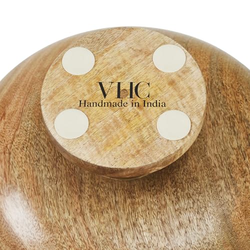 VHC Brands Ribbed Natural Wooden Fruit Bowl 5.5x12x12, Kitchen Decor, Decorative Wooden Pedestal Bowl, Perfect Centerpiece for Table, Island, or Counter - WoodArtSupply