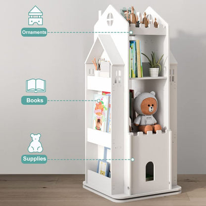 MOUDAO 360° Rotating Castle Bookshelf for Kids - White Toy Storage Organizer Rack - WoodArtSupply