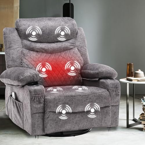 linting Oversized Power Swivel Rocker Recliner Chair with Cup Holder, Fabric Electric Rocking Glider Chair Power Recliner Chair with Heat and Massage USB Port, Grey