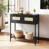 Giantex Rattan Console Table, 32" Boho Entryway Table with 2 Drawers, Metal Frame, Narrow Long Sofa Tables with Open Storage Shelf for Living Room, Hallway, Foyer, Entrance (Black) Giantex