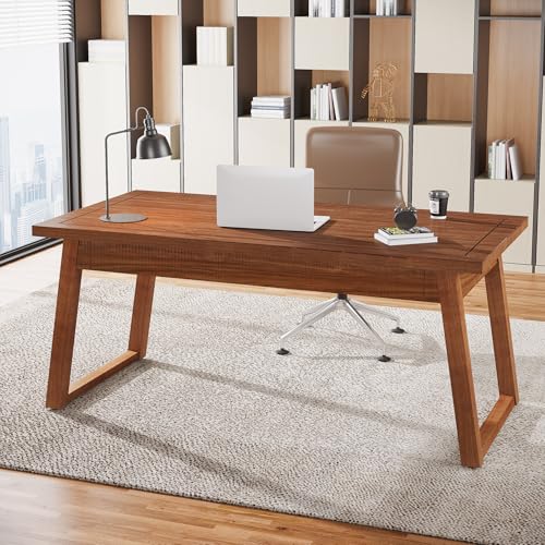 Tribesigns Home Office Executive Desk: 55 Inches Solid Wood Computer Desk with Drawer, Mid-Century Modern Study Writing Table, Rustic PC Laptop Desk Workstation Furniture, Walnut Brown - WoodArtSupply