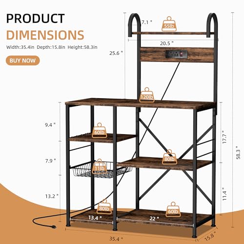 Shintenchi Kitchen Bakers Rack with Power Outlet, Multifunctional Organizer & Storage with 6 Hooks, Microwave Oven Stand, and Coffee Station Shelf, Vintage Brown
