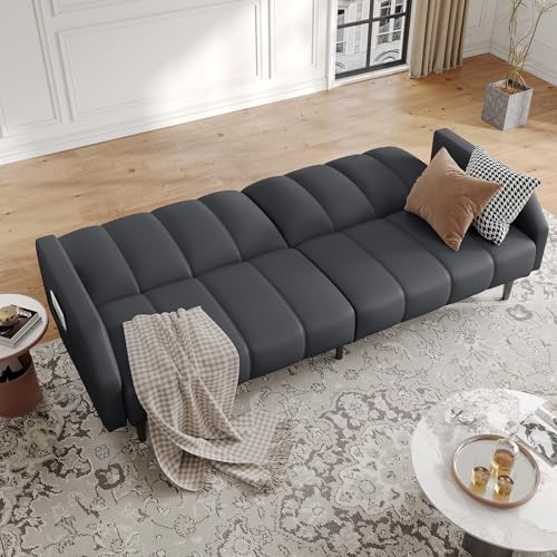 COPIAE Faux Leather Sofa Bed, 78“ Futon Sofa Bed, Adjustable Futon Set Backrest, Sleeper Sofa Couch, Modern Decor Love Seat Couches, Upholstered Couch for Living Room, Bedroom, Dark Gray COPIAE