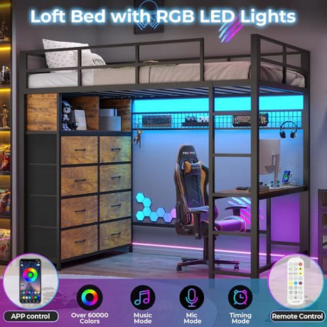 BTHFST Twin Loft Bed with Desk & 8 Storage Drawers Tall Dresser, Metal Loft Bed with LED Lights & Charging Station, 2-Tier Storage Shelves, Stable & Sturdy, Noise Free, Rustic Brown and Black BTHFST