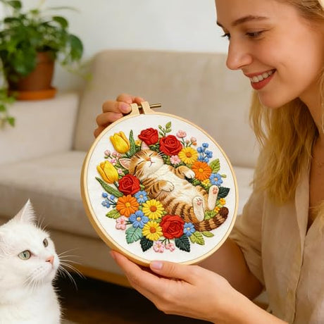 BEUNITONE 6 Set Varieties Cat and Flowers Embroidery Kit for Adults Beginners, Pre-Stamped Pattern Needlepoint Kits with Hoop, Tools, Instruction, Hand Embroidery Kits for Gifts, Fabric and Home Decor BEUNITONE