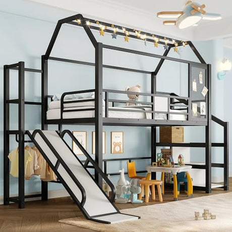 Bellemave Twin Size Metal House Loft Bed with Slide and Stairs,Heavy Duty Playhouse Loft Bed Frame with Storage Shelves for Kids,Teens,Adults,Black Bellemave