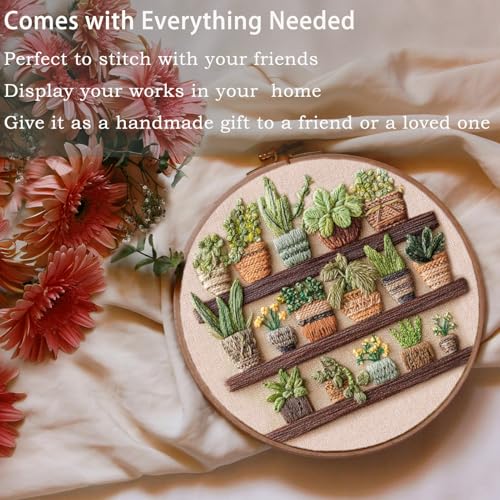 FONNUY Green Plant Embroidery Kit, Petite Potted Plants Patterns, Cross Stitch Kits for Adults and Beginners, Handmade Crafts with Printed Pattern Set, Thread Needlework, 8'' Hoop (Greeen A03)