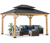 Warmally 13' x 15' Solid Wood Gazebo, Outdoor Cedar Framed Gazebo, Pavilion with Black Steel Hardtop for Patio, Deck, Garden, Backyard, Lawn Warmally