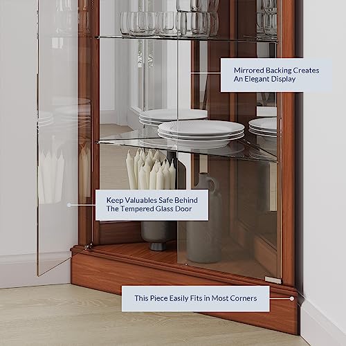 BELLEZE Lighted Accent Corner Display Curio Cabinet with Tempered Glass Doors and Shelves, Classic Wood Cabinet with Bulb, Corner Curio Storage Rack BELLEZE