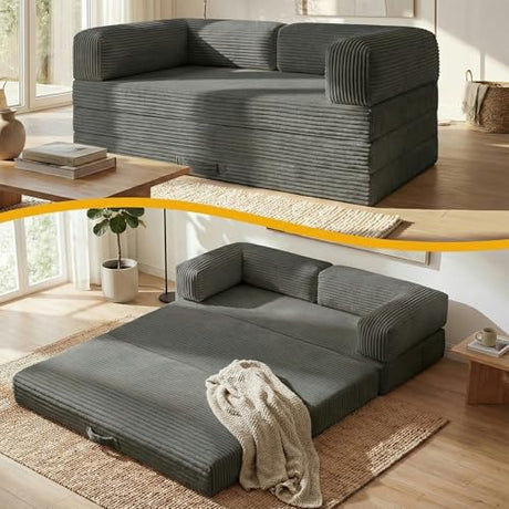Tri-Folding Mattress Queen Futon Sofa Bed, Convertible Tri Fold Mattress Foldable with Removable Armrests & Washable Cover, 5 Inch Floor Mattress with High-Density Foam, Small Couch Bed, Queen, Grey Erament