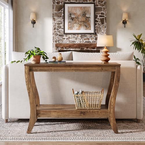 TRIBEWOOD Solid Wood Console Table with Storage, 41.3-Inch Farmhouse Entryway Table with Shelf, 2-Tier Wooden Sofa Table for Living Room, Hallway, Foyer, Brown TRIBEWOOD
