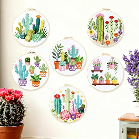BEUNITONE Cactus Embroidery Kit for Beginners, 6PC Succulent Plant Themed Needlepoint Kits for Adults with Hoops, Threads, Needles, Instructions and Full Kits, DIY Home Decor Craft Gift for Adults BEUNITONE