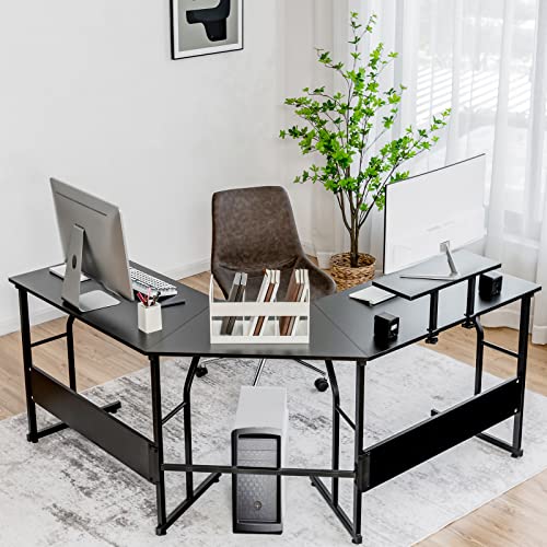 Tangkula L-Shaped Reversible Computer Desk, 2 Person Long Computer Workstation w/Movable Monitor Stand, Large Home Office Corner Desk for Working Writing Gaming (Black) - WoodArtSupply