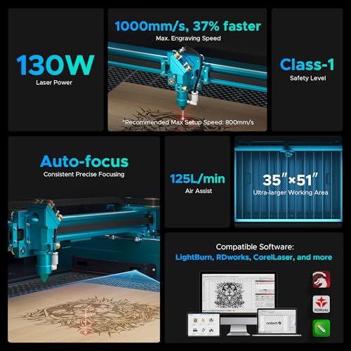 OMTech Pronto 130W CO2 Laser Engraver | 51" × 35" Laser Cutting Machine with Autofocus | 2-Way Pass, Air Assist, Red Dot Pointer | Ideal for Wood, Glass, Acrylic, and More OMTech