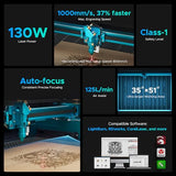 OMTech Pronto 130W CO2 Laser Engraver | 51" × 35" Laser Cutting Machine with Autofocus | 2-Way Pass, Air Assist, Red Dot Pointer | Ideal for Wood, Glass, Acrylic, and More OMTech