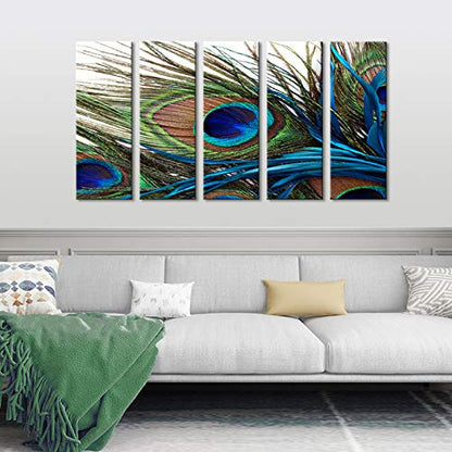 Wall Art for Living Room Bedroom Decoration Peacock Painting Canvas Print Framed Art Animal Feather Plume Modern Art for Office Wall Décor Teal Blue Green 5 Panels Large Size - WoodArtSupply