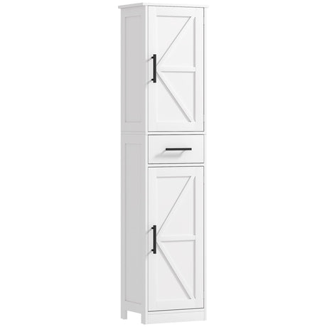 HOMCOM Narrow Bathroom Storage Cabinet, 67" Tall Farmhouse Cabinet with Drawer, Barn Doors and Adjustable Shelves, Freestanding Linen Cabinets for Small Space, White HOMCOM