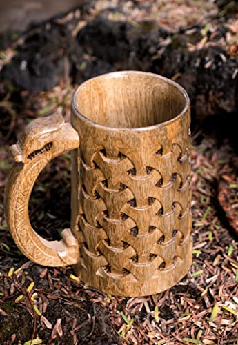 NORSE EMPIRE Premium Wooden Beer Mug 16Oz Chainmail Pattern 100% Handcrafted Beer Stein Wine accessories Viking Gifts Medieval Gift Sack Tankard Christmas Coffee Cups Vikings Mug Food Safe NORSE EMPIRE