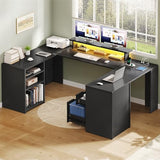 YITAHOME U Shaped Desk with Power Outlet & LED Lights, Computer Desk with Drawers, Wood Desk Home Office Desk with Monitor Stand & ５ Cubbies Storage Shelves, Black Carbon Fiber YITAHOME