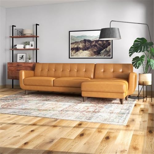 ASHCROFT Elva Mid Century L-Shaped Genuine Leather Right Facing Chaise Sectional, Light Brown Tufted Tight Back Sectional Sofa for Living Room Waiting Area Office Apartment Dorm Home, Tan ASHCROFT